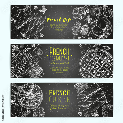 French food design template. Vertical banners set. Vector illustration with poached eggs, bakery, cheese, ratatouille, pissaladier. French Cuisine restaurant menu. Hand drawn sketch vector banners.