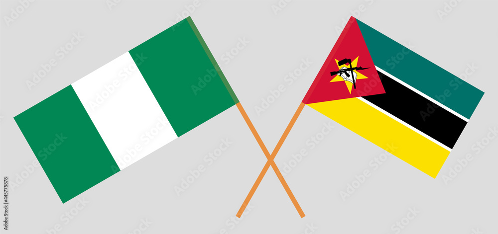 Crossed flags of Nigeria and Mozambique. Official colors. Correct proportion Crossed flags of Nigeria and Mozambique. Official colors. Correct proportion