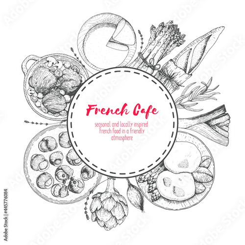 French cuisine top view, label concept. A set of classic French dishes with bakery, beef bourguignon, escargot, poached eggs, onion soup. Food menu design template. Sketch vector illustration