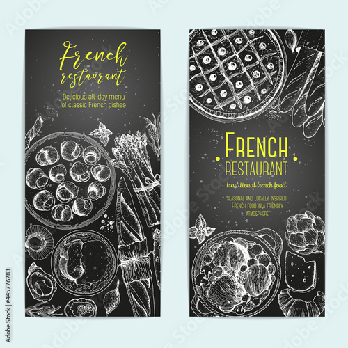 French food flyers design template. Vertical banners set. Vector illustration with bakery, cheese, pissaladier, escargot, beef bourguignon. French Cuisine restaurant menu.