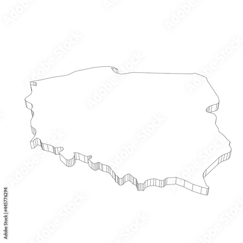 Poland - 3D black thin outline silhouette map of country area. Simple flat vector illustration.