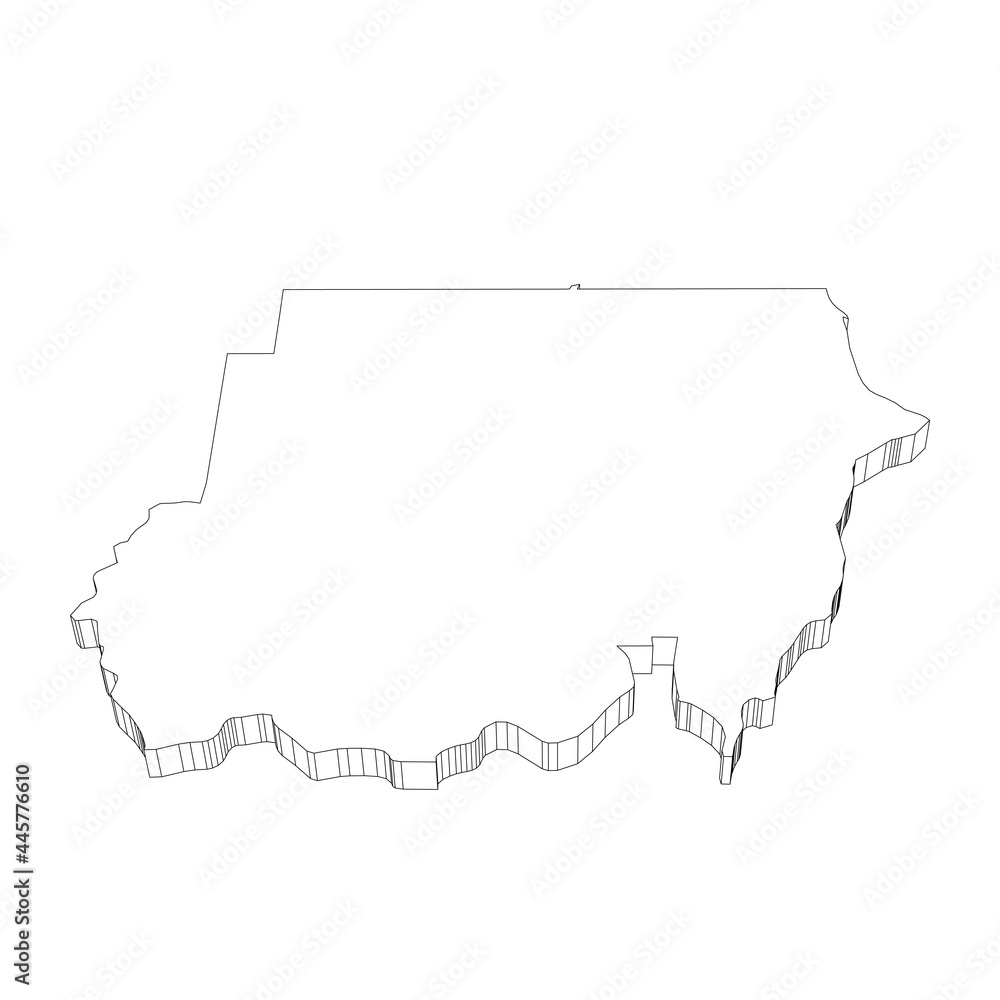 Sudan - 3D black thin outline silhouette map of country area. Simple flat vector illustration.