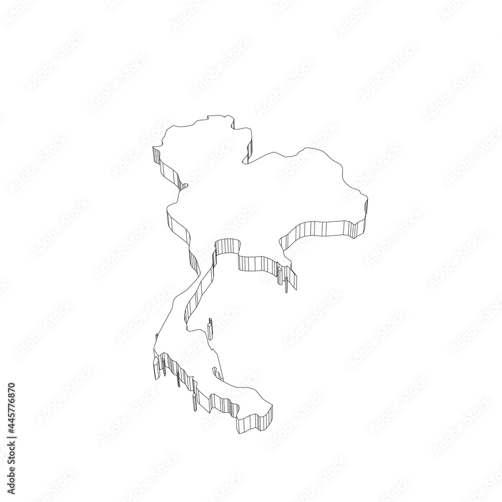 Thailand - 3D black thin outline silhouette map of country area. Simple flat vector illustration.