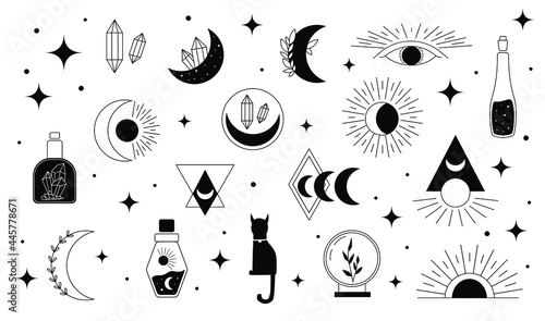 Mystical symbols. Line esoteric, boho mystical hand drawn elements, magic witchcraft crystal, eyes, moon, sun, cat. Vector illustration icons set.