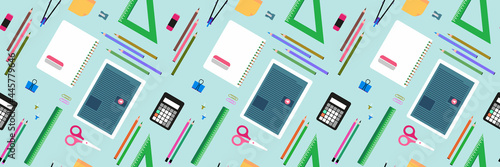 School pattern. Education background. Back to school seamless pattern. School supplies, objects, compasses, colored crayons, erasers, scissors, paper clips, sharpeners, ruler, glue, notebook