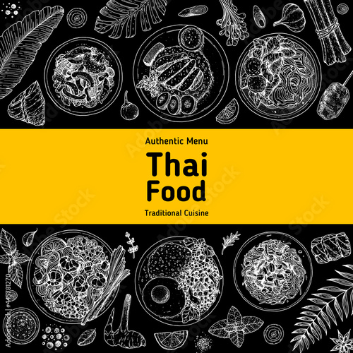 Thai food top view vector illustration. Food menu design template. Hand drawn sketch. Thai food menu. Vintage style. pad pak ruam, khao man gai, noodle, soup, pad thai, pad krapow gai, som tam.