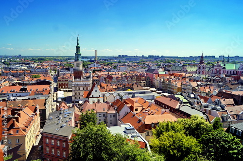 Panorama of the historical part of the city of Poznan from the roof, view of the Market Square and the Town Hall