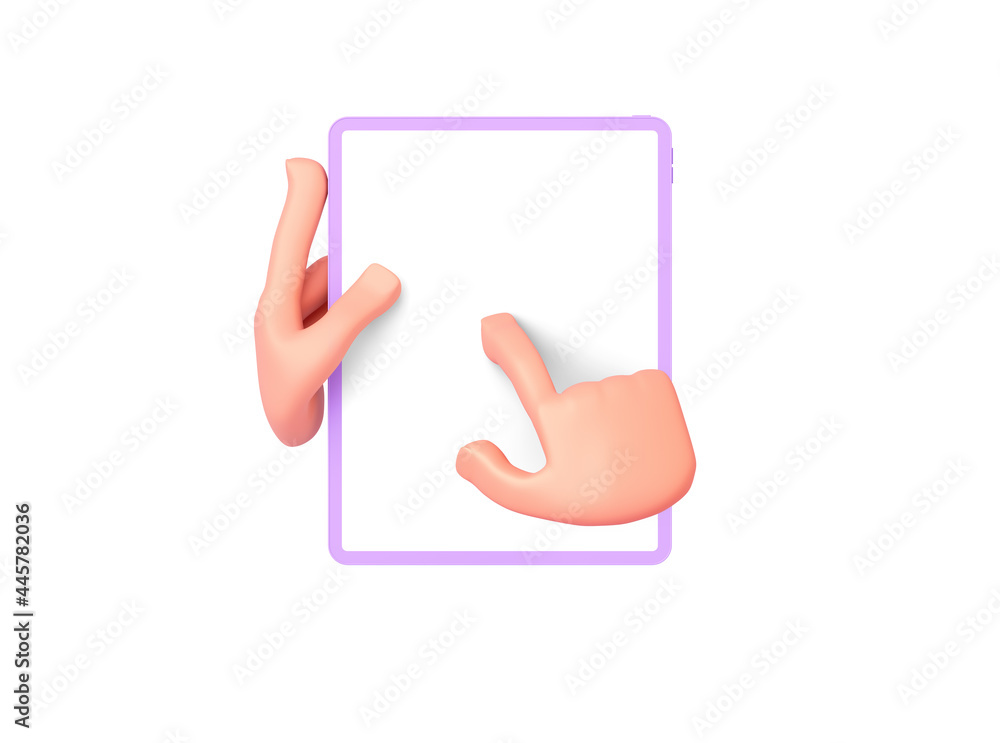 3d render, a cartoon hand holds a tablet in portrait orientation, the other hand presses the center of the screen. Isolated on white background