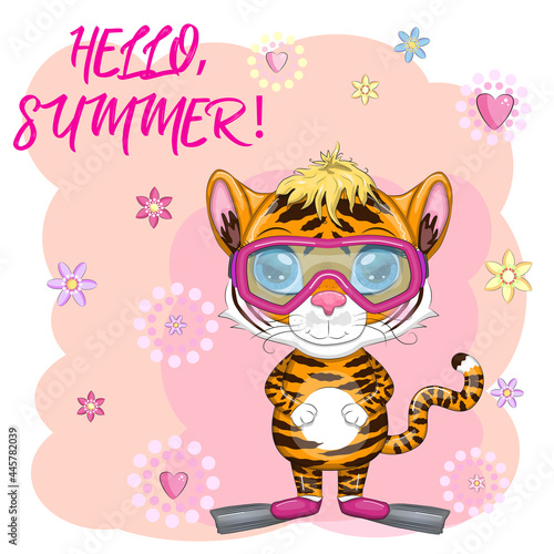 Cartoon tiger wearing goggles and swimming flippers, Summer is coming. Vacation, sea, rest. Children's stylistics, cute. Symbol of 2022