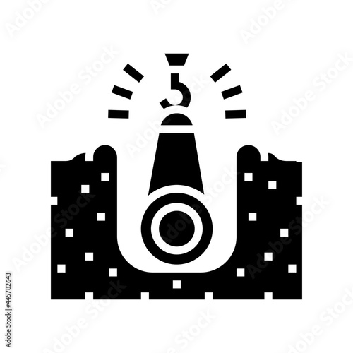 crane putting pipe in pit pipeline construction glyph icon vector. crane putting pipe in pit pipeline construction sign. isolated contour symbol black illustration