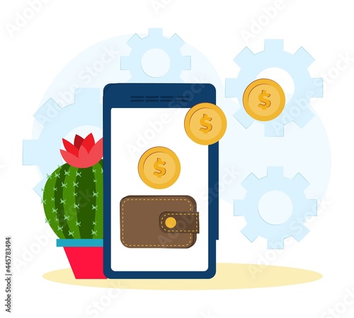 concept of internet wallet, online money, mobile payments. Vector flat illustration. A phone with a wallet, a bakovskaya card and money on the screen. 