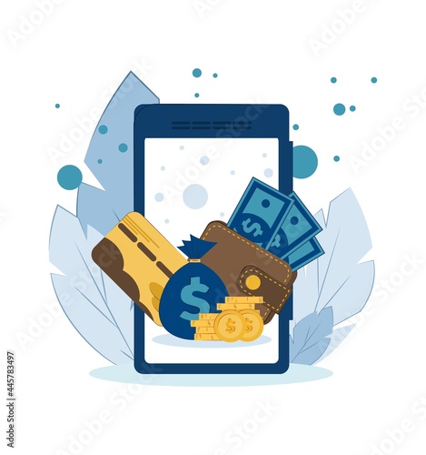 concept of internet wallet, online money, mobile payments. Vector flat illustration. A phone with a wallet, a bakovskaya card and money on the screen. 