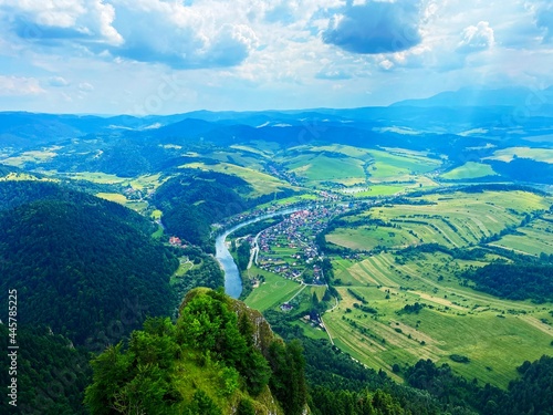 view of mountains, Landscape with trees and blue sky, Pieniny moutains, Poland, Dunajec river