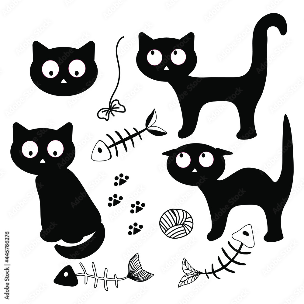 A set of elements on a white background. Black cats, skeleton, eaten fish, bow and ball toy. Vector in flat style. Black cats in different poses. Suitable for posters and postcards.