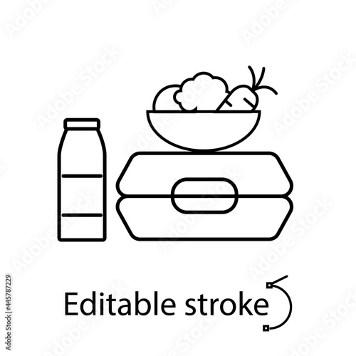 Lunchbox with plate and bottle outline icon. School meal concept. Editable stroke. Isolated vector stock illustration