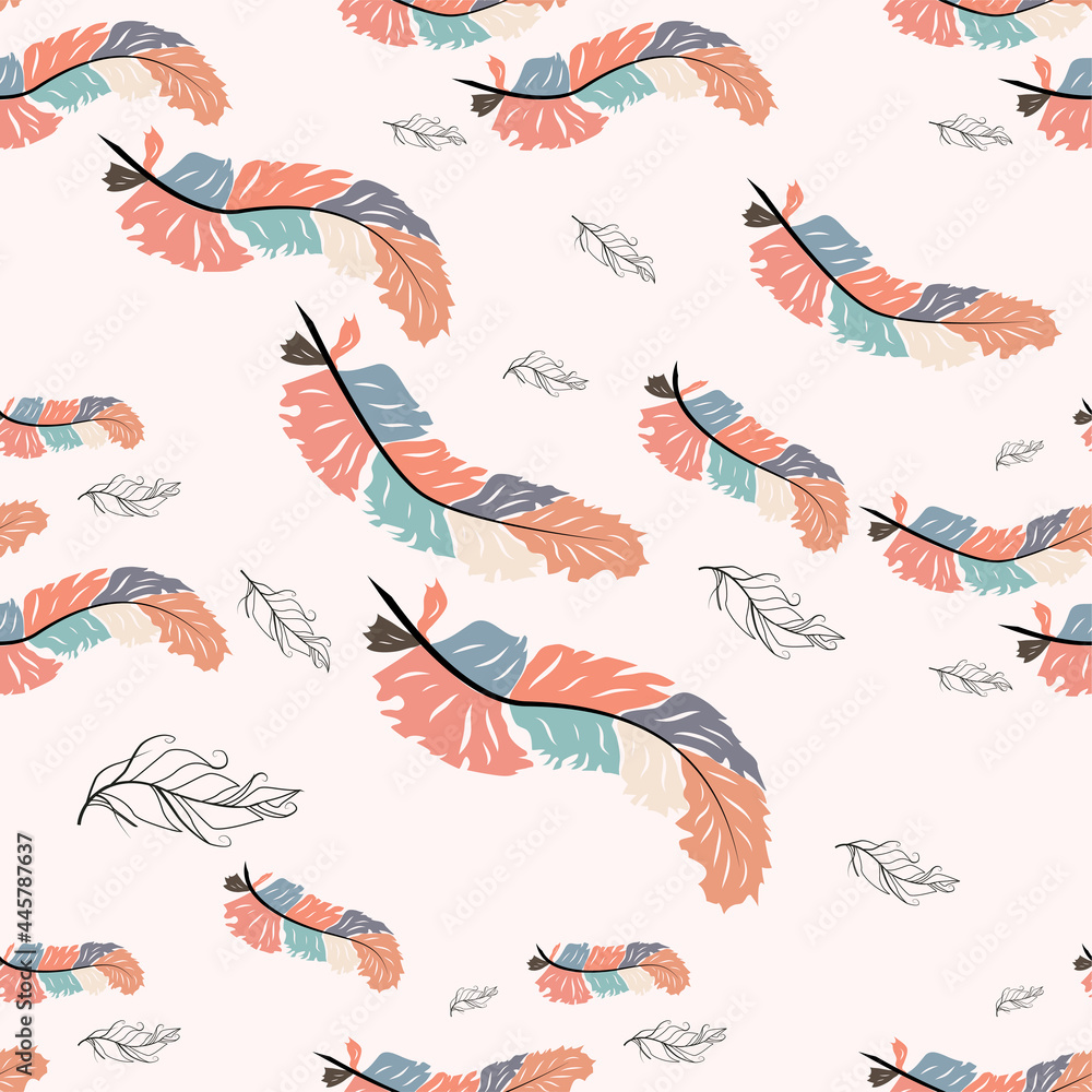 Beautiful doodle seamless pattern of boho feathers on a pink background. Hand drawn style. Seamless texture. Beautiful doodle seamless pattern of boho feathers on a pink background. Hand drawn style. Seamless texture.