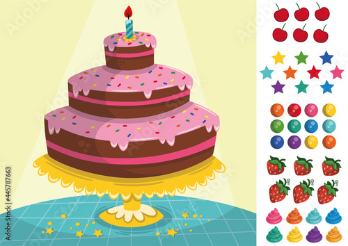 Delicious triple layer cake decoration game for children. Vector illustration.
