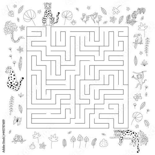 Maze game for kids. Cute cartoon jungle animals - leopards, monkey, snake, parrots, toucan, chameleon and hummingbird. Exotic tropical flowers and plants. Coloring page. Outline vector illustration.