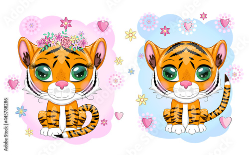 Baby Shower greeting card with Cute boy and girl. Cartoon tiger with expressive eyes. Wild animals, character, childish cute style. © MichiruKayo