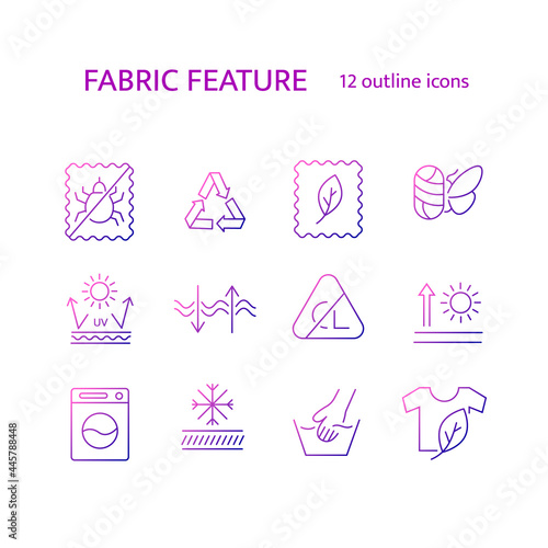 Different fabric properties outline icons set. Textile industry. Easy care, handwash