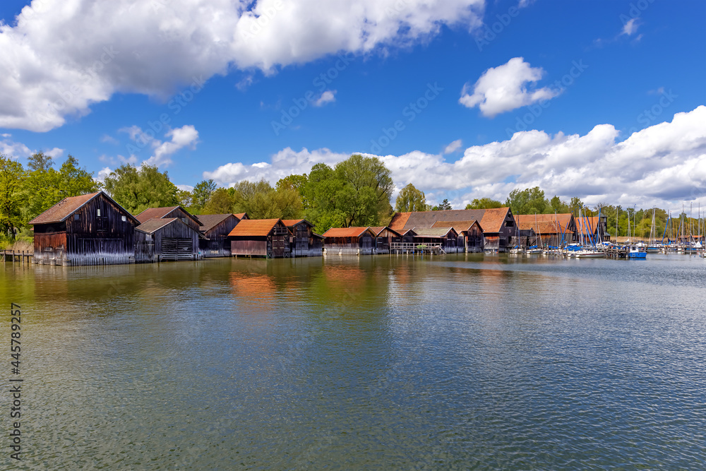 Ammersee, Bavaria, Germany, boat houses on the water