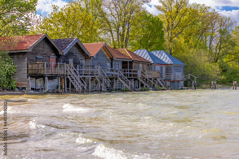 Ammersee, Bavaria, Germany, boat houses on the water Ammersee, Bavaria, Germany, boat houses on the water