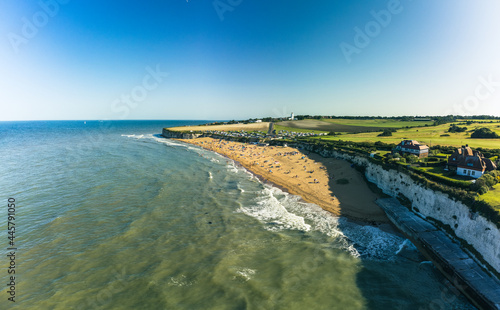 Drone aerial view of the beach and white cliffs, Margate, England photo