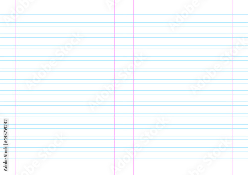 Empty lined page notebook school blank pad, vector background. blue striped copybook. red ruled double sheet grid