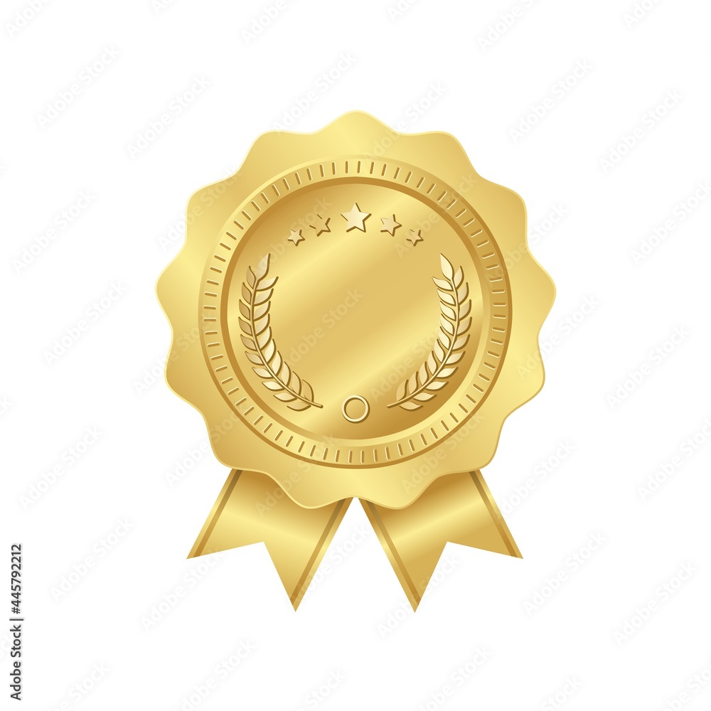 Golden badge with ribbons isolated on white background. Luxury seal. Vector design element. Golden badge with ribbons isolated on white background. Luxury seal. Vector design element.