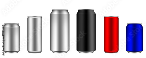 Realistic metal aluminum cans of different sizes and different colors for soda, beer, lemonade and other drinks