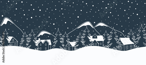 Christmas background. Fairy tale winter landscape. Seamless border. White silhouettes of houses, fir trees and mountains on a dark blue background. Winter village in the mountains. Vector illustration