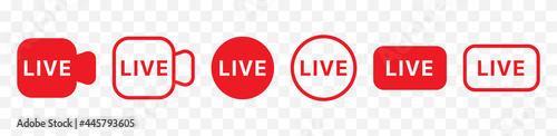Live streaming red icons set. Live video broadcasting symbols. Online stream buttons. Elements for tv shows, news, social media. Vector illustration.