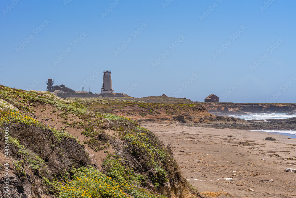 San Simeon, CA, USA - June 8, 2021: Pacific Ocean coastline. Wide landscape of Point Piedras Blancas with its lighthouse and its beach under blue sky.