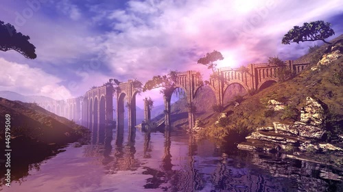Video of a bright fantastic landscape with an aqueduct.