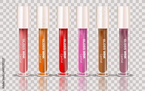 Lip gloss template. Lip cream plastic transparent 3d realistic vector packaging, opened and closed with black cap isolated on  transparent background. Lipstick color swatch set.