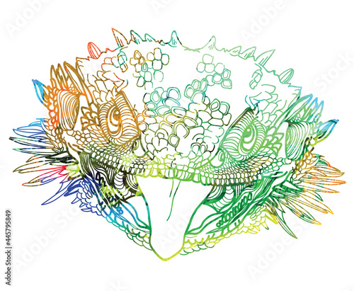 Bearded dragon. Lizard. Dragon head. Meditative coloring antistress. Stylish drawing.