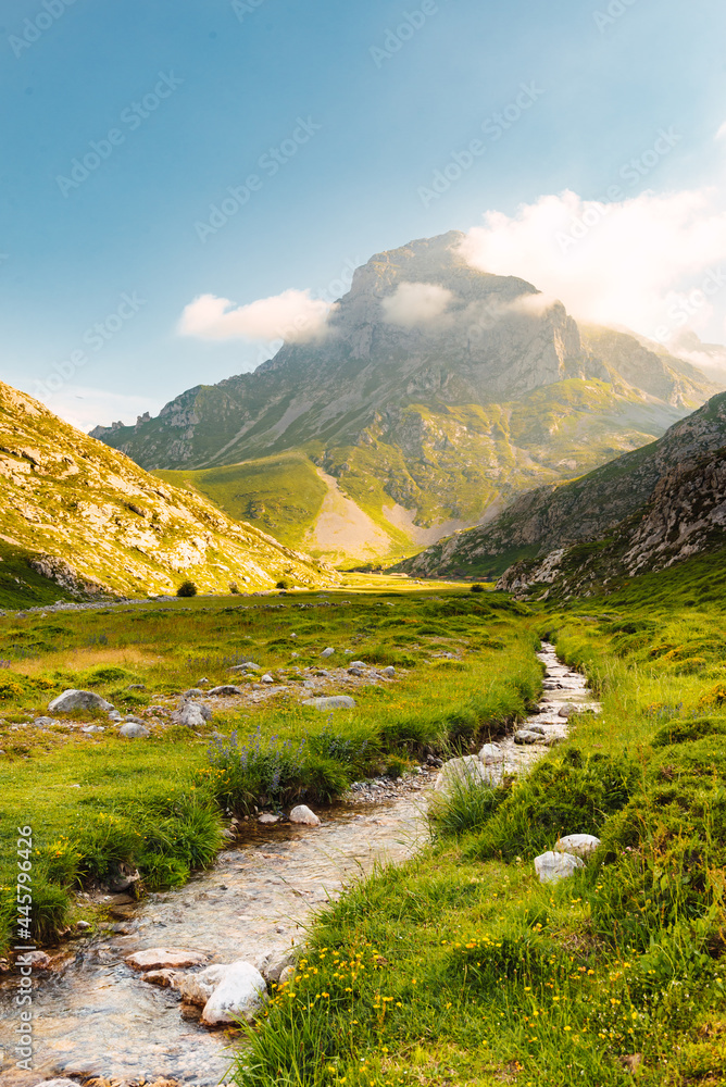 Vertical landscape photography with a small river and mountains in the background on a sunny day at sunset. picos de europa national park Vertical landscape photography with a small river and mountains in the background on a sunny day at sunset. picos de europa national park