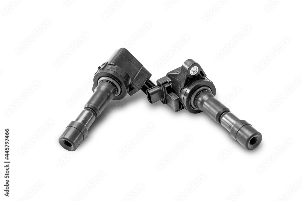 Ignition coil of Gasoline engine in white background use for texture and Clipping Path - obrazy, fototapety, plakaty 