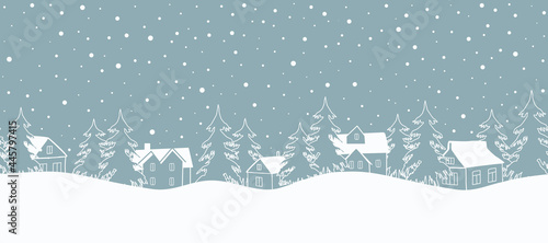 Winter background. Seamless border. Christmas landscape. White silhouettes of houses and fir trees on a gray-blue background. Vector illustration