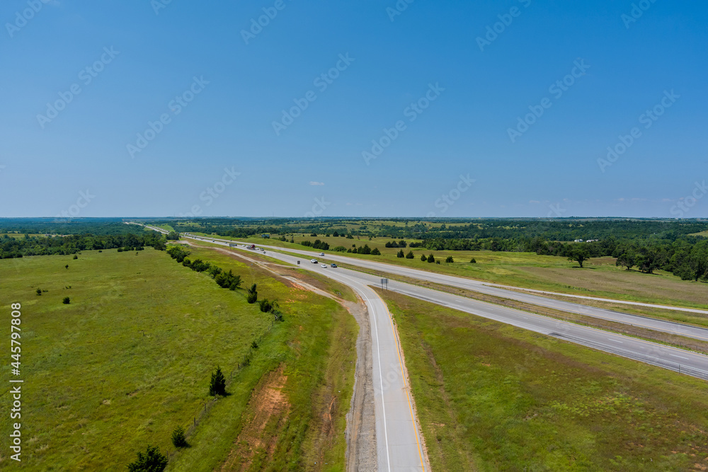 Panorama top view of original Route 66 roadbed near Clinton Oklahoma.