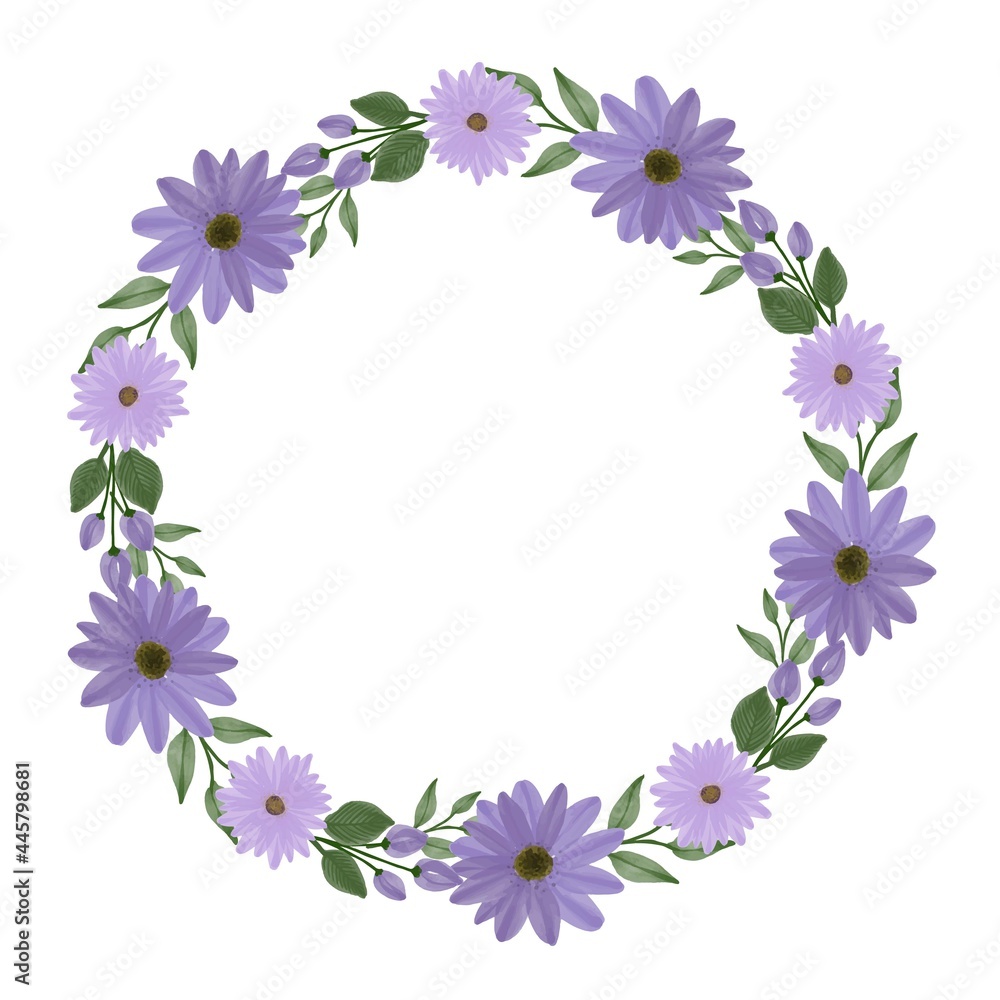 purple daisy wreath, circle frame with purple daisy watercolor border