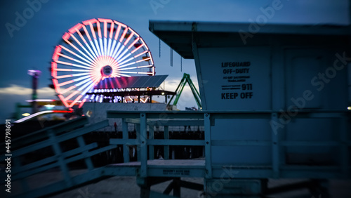Santa Monica pier ferris wheel and lifeguard tower