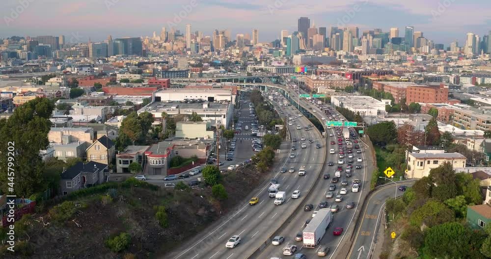 Aerial: San francisco city skyline and freeway traffic. California, USA Aerial: San francisco city skyline and freeway traffic. California, USA