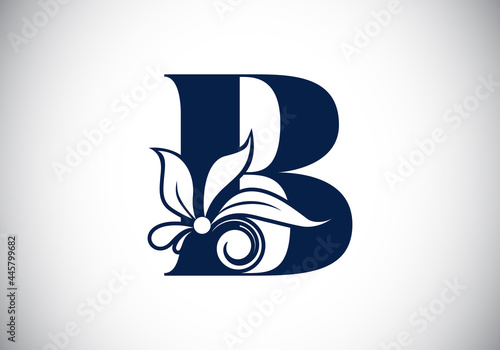 Floral monogram letter B. Initial alphabet with botanical elements. Font emblem. Vector illustration for wedding invitations, greeting cards, logos, posters, and other designs.
