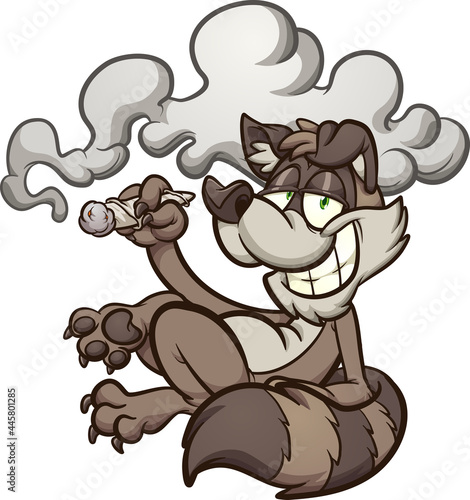 Cartoon raccoon lying down and smoking weed. Vector clip art illustration with simple gradients. All on a single layer. 
