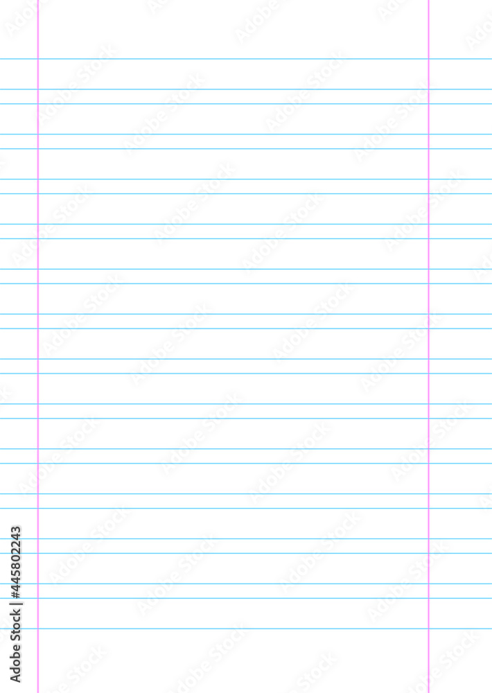 Empty lined page notebook school blank pad, vector background. blue striped copybook. red ruled single sheet grid Empty lined page notebook school blank pad, vector background. blue striped copybook. red ruled single sheet grid