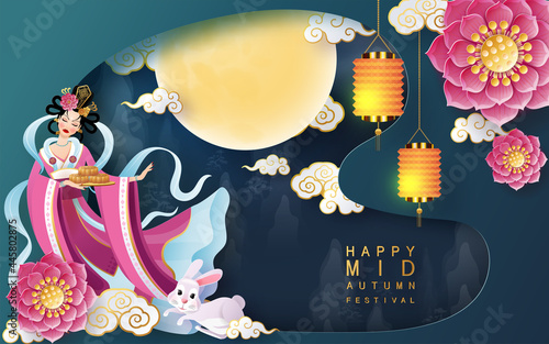 Mid Autumn festival moon goddess chang e with rabbit and moon, mooncake ,flower,chinese lanterns with gold paper cut style on color Background. ( Chinese Translation : Mid Autumn festival )
