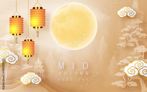 Mid Autumn festival moon goddess chang e with rabbit and moon, mooncake ,flower,chinese lanterns with gold paper cut style on color Background. ( Chinese Translation : Mid Autumn festival )