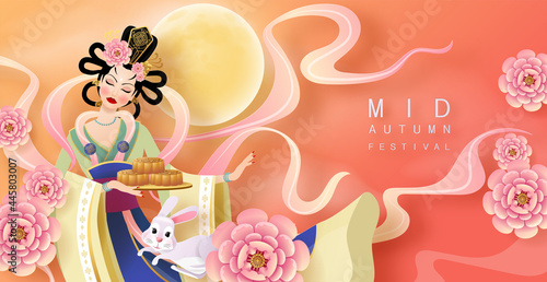 Mid Autumn festival moon goddess chang e with rabbit and moon, mooncake ,flower,chinese lanterns with gold paper cut style on color Background. ( Chinese Translation : Mid Autumn festival )