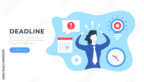 Deadline. Stressed woman and calendar, clock, light bulb with cog and warning message. Panic, stress at work, anxiety, stressful job, deadline concepts. Flat design. Vector illustration